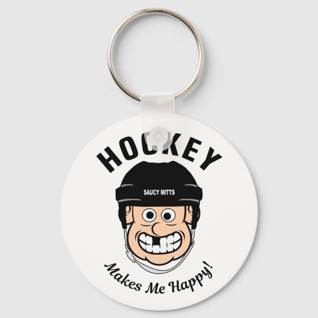 Hockey Makes Me Happy Funny Cartoon Hockey Player Key Ring (Front)