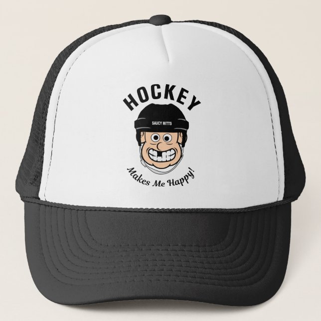 Hockey Makes Me Happy Funny Cartoon Hockey Player Trucker Hat (Front)