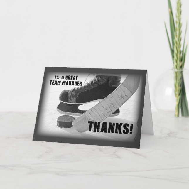 Hockey Manager Thanks, Skates, Stick and Puck Thank You Card (Front)
