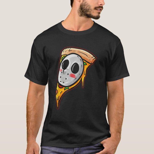 Hockey Mask Halloween Horror and Pizza T-Shirt (Front)