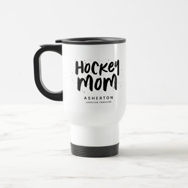 Hockey mum trendy black type personalised travel mug (Left)