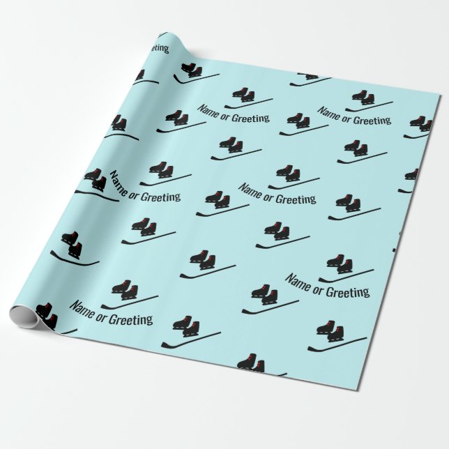 Hockey Pattern - Skates and Stick Any Name / Text Wrapping Paper (Unrolled)