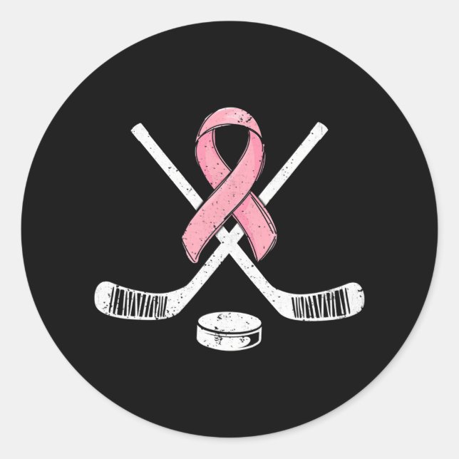 Hockey Pink Ribbon Breast Cancer Awareness Sport Classic Round Sticker (Front)