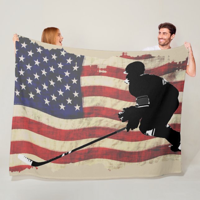 Hockey Player  and US Flag - Winter Sports Fleece Blanket (In Situ)