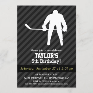 Hockey Player; Black & Dark Grey Stripes Invitation