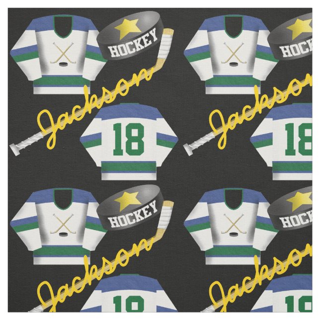 Hockey Player Jersey Puck and Stick Name Number Fabric (Swatch)