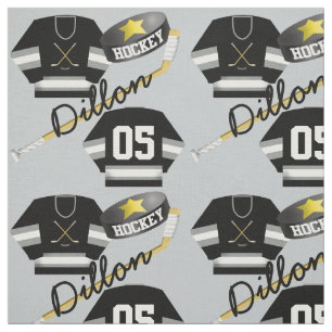 Hockey Player Jersey Puck and Stick Name Number Fabric
