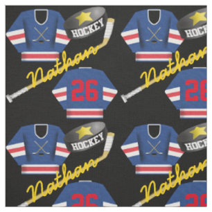 Hockey Player Jersey Puck and Stick Name Number Fabric