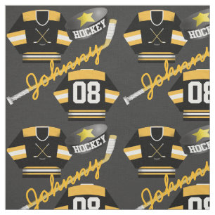 Hockey Player Jersey Puck and Stick Name Number Fabric