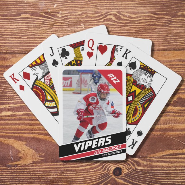 Hockey Player Keepsake On Vigourous Red White Playing Cards (Preserve ice hockey memories with striking white and red playing cards. Great souvenir or gift idea!)