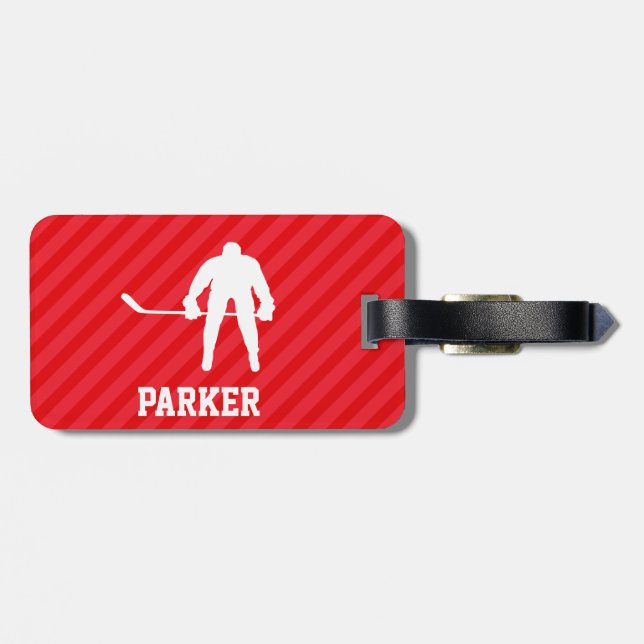 Hockey Player; Scarlet Red Stripes Luggage Tag (Back Horizontal)