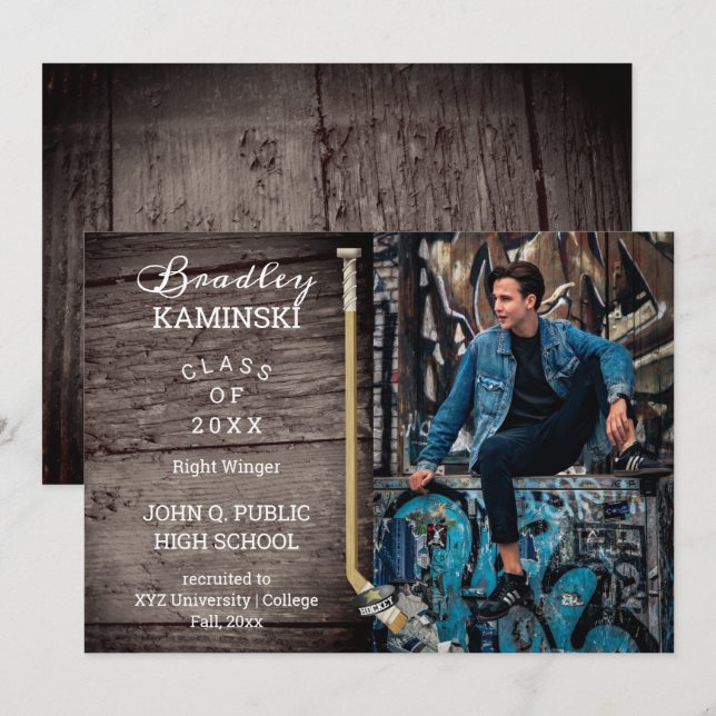 Hockey Player Sports Graduation Photo Announcement (Front/Back)