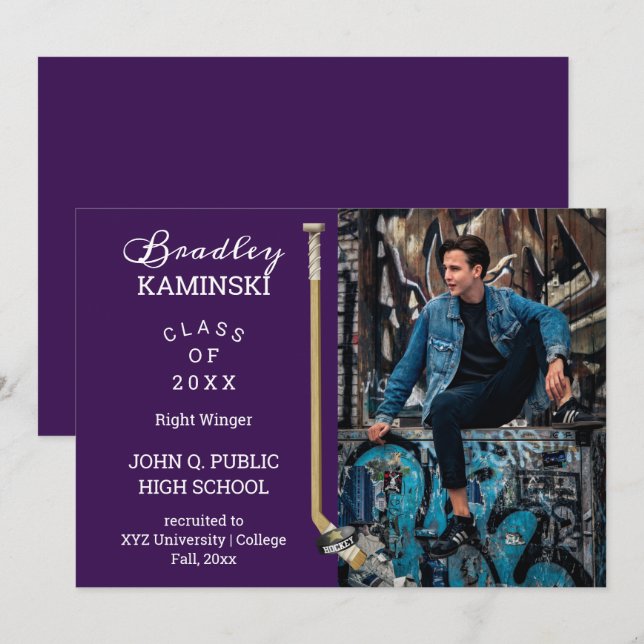 Hockey Player Sports Graduation Photo Announcement (Front/Back)