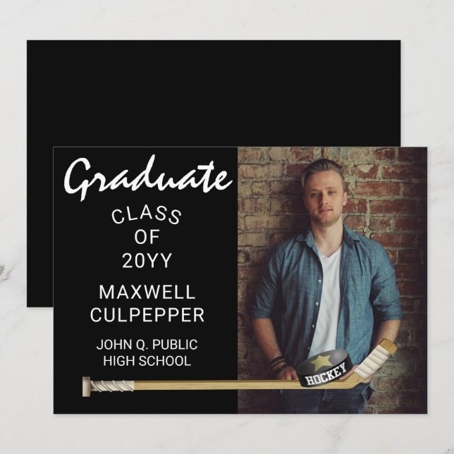 Hockey Player Sports Graduation Photo Announcement (Front/Back)