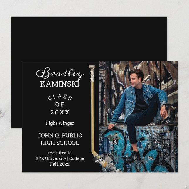 Hockey Player Sports Graduation Photo Announcement (Front/Back)