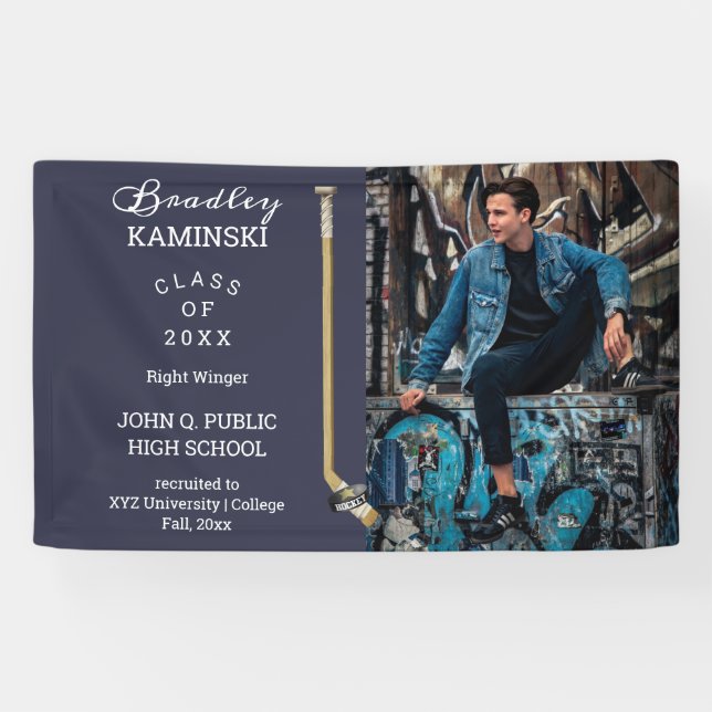 Hockey Player Sports Graduation Photo - Blue Banner (Horizontal)