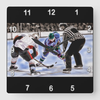 Hockey Players and Referee Face Off Square Wall Clock