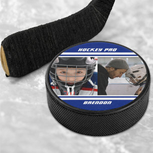 Hockey Pro Photo Collage Striped Blue & White Puck