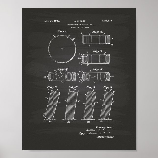 Hockey Puck 1940 Patent Art - Chalkboard Poster (Front)