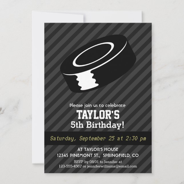 Hockey Puck; Black & Dark Grey Stripes Invitation (Front)