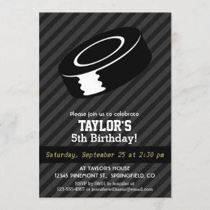 Hockey Puck; Black & Dark Grey Stripes Invitation