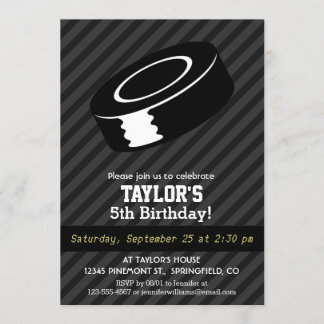 Hockey Puck; Black & Dark Grey Stripes Invitation
