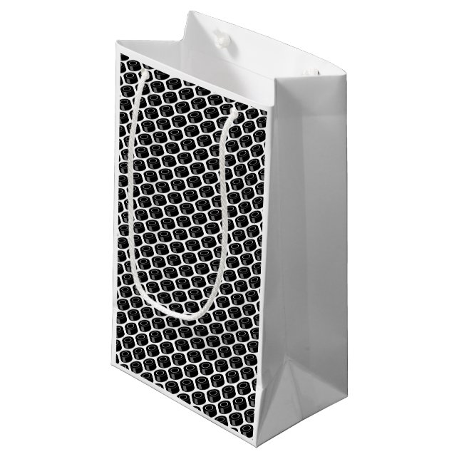 Hockey Puck pattern Black White Varsity Sports Ice Small Gift Bag (Front Angled)
