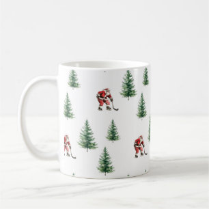 Hockey Santa and Pine Trees Christmas Coffee Mug