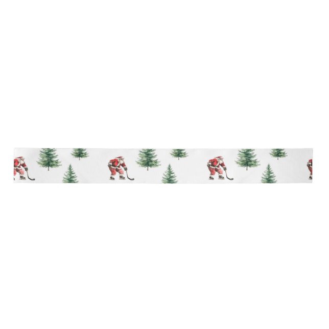 Hockey Santa and Pine Trees Christmas Wrapping  Satin Ribbon (Front)