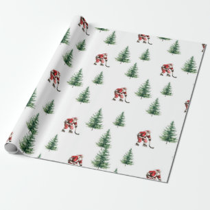 Hockey Santa and Pine Trees Christmas Wrapping  Wrapping Paper