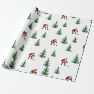 Hockey Santa and Pine Trees Christmas Wrapping  Wrapping Paper