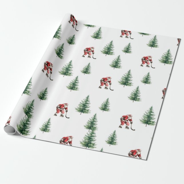 Hockey Santa and Pine Trees Christmas Wrapping  Wrapping Paper (Unrolled)