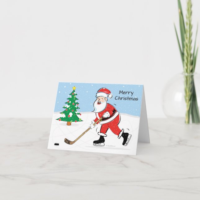 Hockey Santa Christmas Holiday Card (Front)