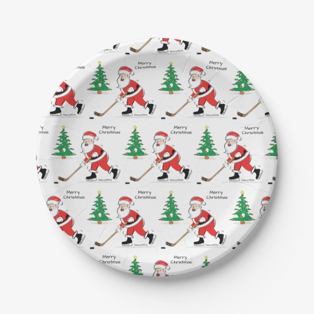 Hockey Santa Christmas Paper Plate (Front)