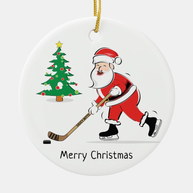 Hockey Santa Christmas Round Ceramic Tree Decoration (Front)