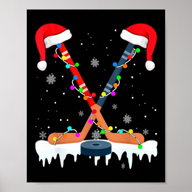 Hockey Santa Hat Christmas Lights Fun Sport Boys X Poster (Front)