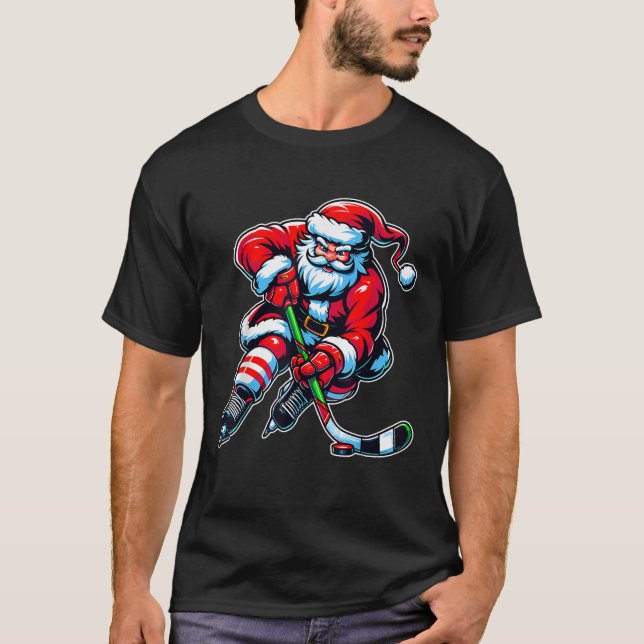 Hockey Santa Hat Christmas Lights Funny Sport Boys T-Shirt (Front)