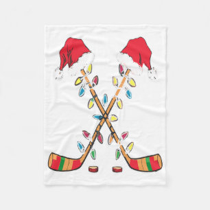Hockey Santa Hat Christmas Lights Funny Sport Xmas Fleece Blanket