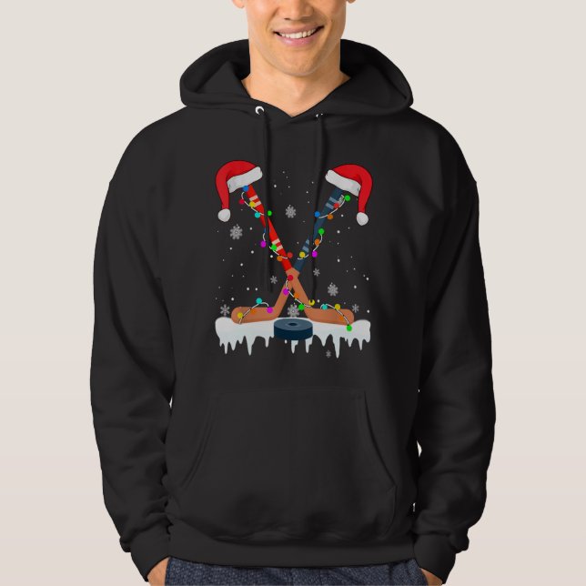 Hockey Santa Hat Christmas Lights Funny Sport Xmas Hoodie (Front)
