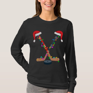 Hockey Santa Hat Christmas Lights Funny Sport Xmas T-Shirt