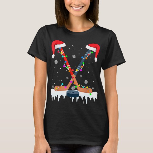 Hockey Santa Hat Christmas Lights Funny Sport Xmas T-Shirt (Front)