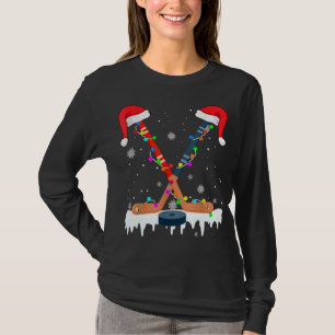 Hockey Santa Hat Christmas Lights Funny Sport Xmas T-Shirt