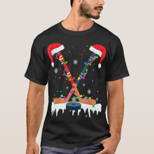 Hockey Santa Hat Christmas Lights Funny Sport Xmas T-Shirt