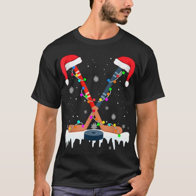 Hockey Santa Hat Christmas Lights Funny Sport Xmas T-Shirt (Front)