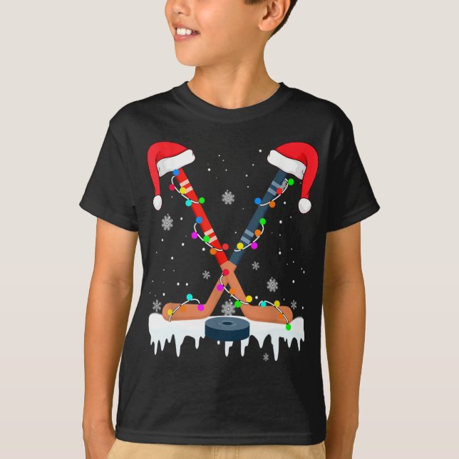 Hockey Santa Hat Christmas Lights Funny Sport Xmas T-Shirt (Front)