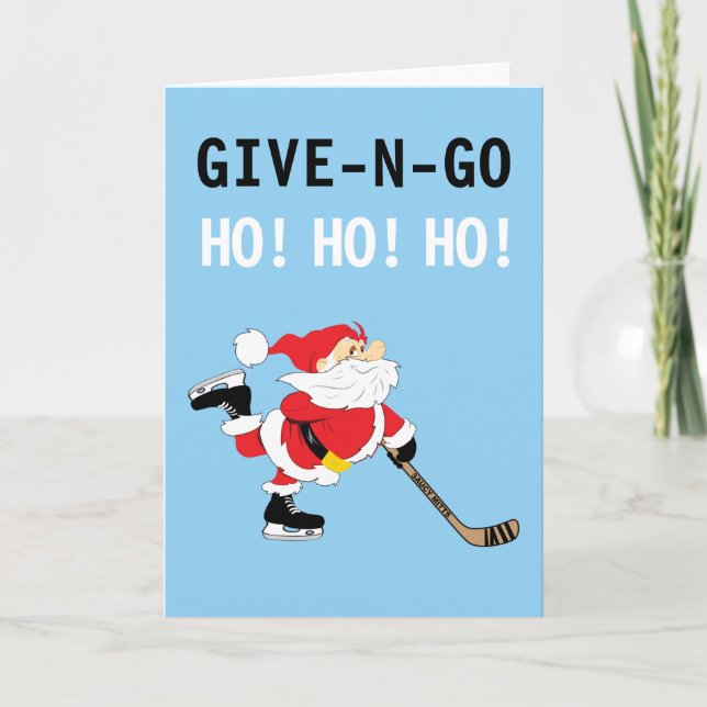 Hockey Santa Skating Christmas Give N Go Ho! Ho! Holiday Card (Front)