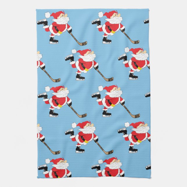 Hockey Santa Skating Christmas Kitchen Decor Tea Towel (Vertical)