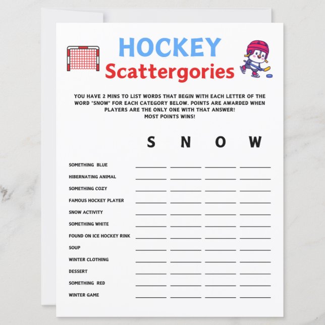 Hockey Scattergories Game (Front)