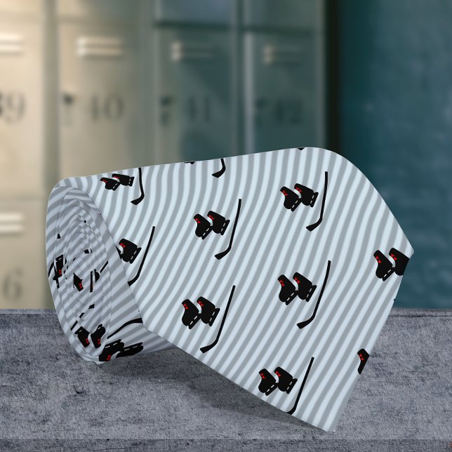 Hockey Skates and Stick on Ice Blue Stripes Tie (Creator Uploaded)