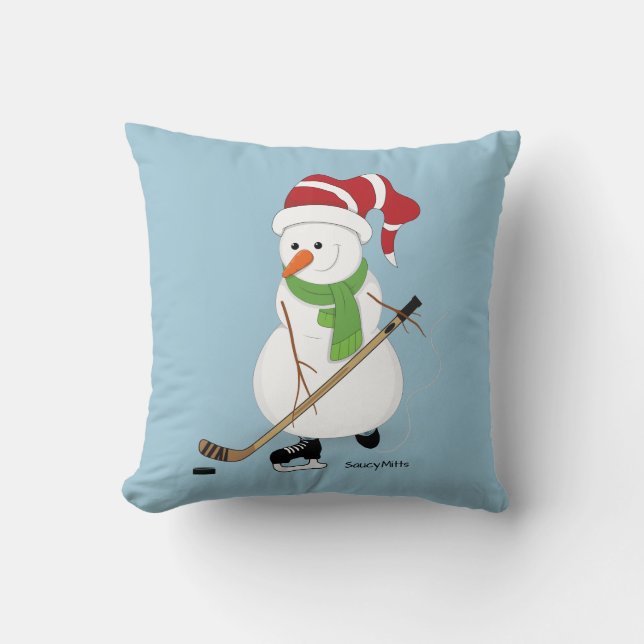 Hockey Snowman Christmas Pillow (Front)